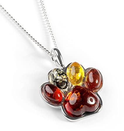 Paw Print Necklace in 925 Solid Sterling Silver and Baltic Amber, Dog Necklace, Cat Necklace