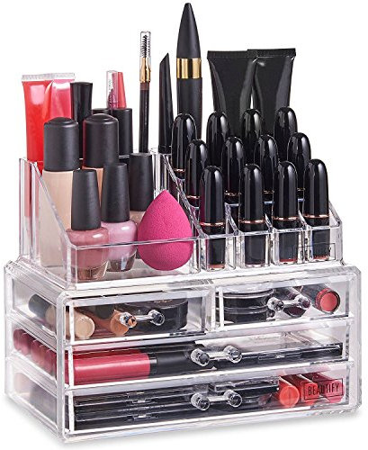 G4GADGET Clear Acrylic Makeup Organiser with 4 Drawers – Cosmetic Storage Box for Lipsticks, Brushes, Skincare, Nail Polish, Jewellery & More – Stackable Vanity Display Case