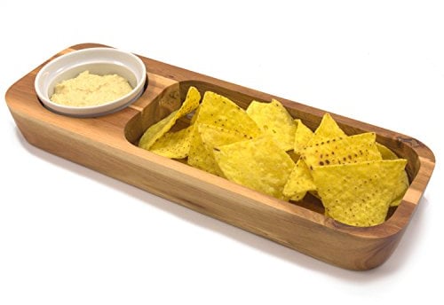 Chef-hub 2 Pack Rectangle Acacia Wood Nacho Serving Tray Boat with Dip Bowl for Salsa, Cheese etc. Pack of 2