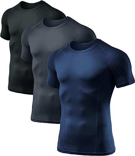ATHLIO 1 oder 3 Pack Herren Cool Dry Kurzarm Kompressionsshirts Sport Baselayer T-Shirts Tops Athletic Workout Shirt, Damen Jungen Mädchen, Stück bts02 – Schwarz Anthrazit Marineblau., Large