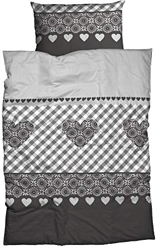 CASATEX Winter Bettwäsche Isar Grau Landhaus Stil Herzen Karo Flanell, Größe:200 cm x 220 cm