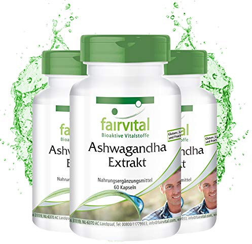 Fairvital | Extracto de Ashwagandha 500mg - Dosis elevada - VEGANO - 180 Cápsulas (60 x 3) - 5% de Withanólidos - Calidad Alemana