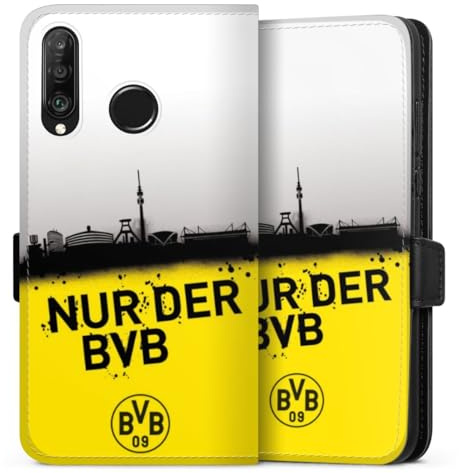 Klapphülle kompatibel mit Huawei P30 Lite Handyhülle aus Kunst Leder schwarz Flip Case Borussia Dortmund Statement BVB