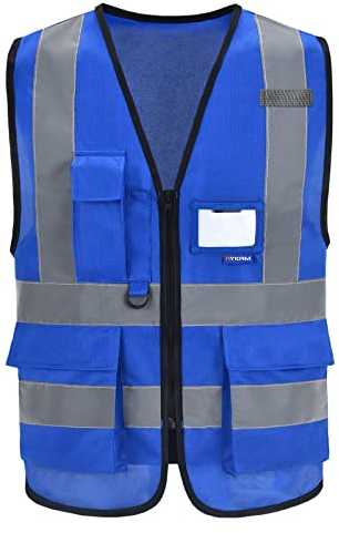 A-SAFETY Reflektierende Sicherheitsweste, hohe Sichtbarkeit, Neonfarbe mit 4 reflektierenden Streifen, 8 Taschen, Blau, Größe XL