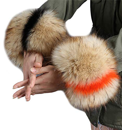 MoreChioce Pelzmanschetten,Kunstfell Armstulpen Damen Pulswärmer Flauschig Fellstulpen Herbst Winter Manschetten Handschuhe für Herbst Wintermantel Kapuze,Braun Streifen