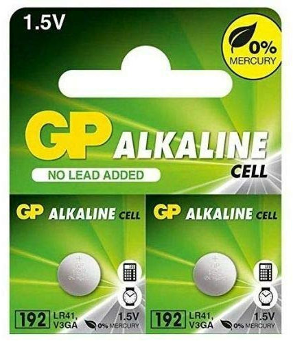 GP LR41, AG3 Battery. Small Button Alkali Battery Cell. 0% Mercury. Size Dimensions: 2.1mm x 6.8mm diameter, Voltage: 1.55V. Thermometer batteries and Watch batteries (SR41 LR736 192 384) (Pack of 2)