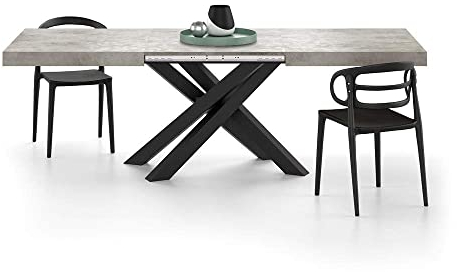 MOBILI FIVER, Mesa Extensible Emma 160(240) x90 cm, Color Cemento Gris con Patas Cruzadas Negras, para 6-10 Personas, Mesa Extensible de Comedor, Mesa Cocina, Salon, Made In Italy
