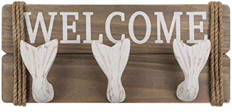 Out of the blue Wandgarderobe maritimes Holzschild Welcome mit 3 Haken, Hakenleiste im Vintage-Stil als Garderobe, Schlüsselbrett oder einfach stylische Wandhaken, 30 cm breit