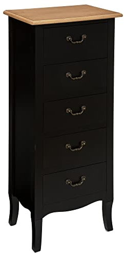 Atmosphera - Chiffonnier Chrysa Noir et Bois - 45 x 30 x 113 cm - 5 Tiroirs, Meuble de Rangement, Style Romantique - pour Chambre, Salon, Entrée