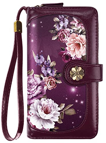 Coco Rossi Geldbörsen für Frauen Multi Card Holder Wallet Clutch Wallet Card Holder Organizer Damen Geldbörse mit Handschlaufe Geldbörse, Violette Blume, Long Purse, Lila Blumen