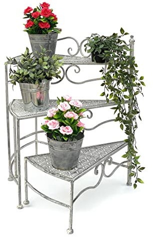 DanDiBo Blumentreppe Innen Metall Weiß Grau 55 cm Blumenständer mit 3 Ablagen 96125 Blumenständer Blumensäule Pflanzenständer Balkon Vintage