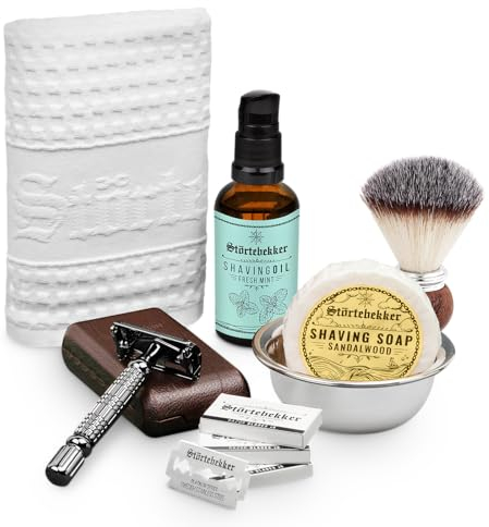 Störtebekker® Premium Rasurpflege Set - inkl. Rasierhobel, Etui, Rasierpinsel, Rasierseife, Rasierschale, Rasieröl und Rasiertuch - hochwertiges Rasierset für die tägliche Rasur - Geschenkidee