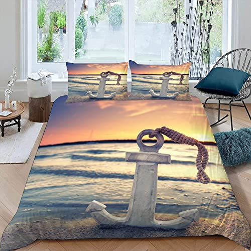 RFFLUX 3D Sonnenuntergang Strand Anker Bettwäsche 135x200 cm 4teilig mit Reißverschluss Microfaser Warme Sommer Weich Bettbezug Set Kinderbettwäsche mit 2 Kissenbezug 80x80 cm für Mädchen Junge