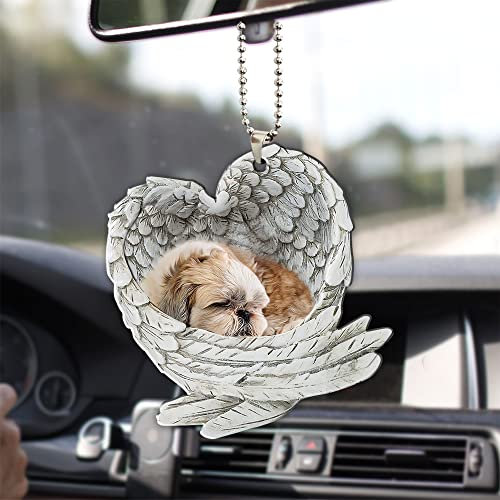 Talataca Shih Tzu Shitzu Schlafender Engelsflügel Tier Haustier Hund Bauernhaus 2D Flacher Auto Rückspiegel Zubehör Weihnachtsbaum Ornament Dekoration Hängender Charme Innen Rückansicht Anhänger Dekor