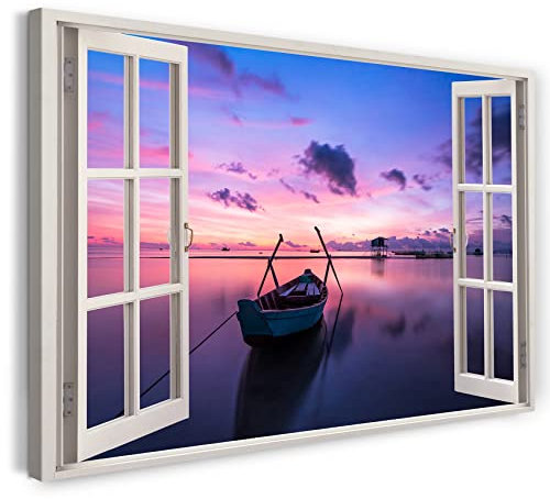 Bilder Fensterblick 120x80cm Baumwoll-Leinwand auf Keilrahmen mit Aufhänger moderner Kunstdruck XXL Wandbilder Wand-Dekoration Boot bei Sonnenaufgang Wasser See Spiegelung Natur - Natur-Fotografie