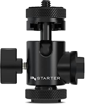 Instarter FlexMount Head Plus Kugelkopf 3-in-1 mit 2X Blitzschuh, Stativkopf für 1/4 und 3/8 Anschluss, 180° schwenkbar zur Winkelanpassung, hochwertiges Kamera Zubehör aus Aluminium