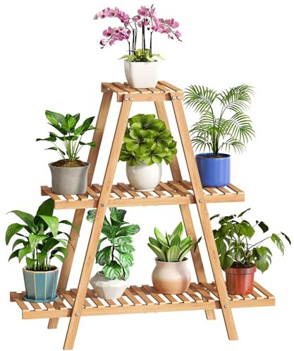 BMOSU Soporte de bambú para plantas de interior y exterior, estante escalonado para 8 macetas para flores, estante de escalera para jardín, balcón, sala de estar, patio (3 niveles, natural)