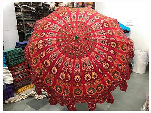 Indian Mandala Parasol Garden Umbrella- Garden Umbrellas, Patio Umbrella, Sun Umbrella for Garden, Beach Umbrella, wedding umbrellas for bride and groom (Red Peacock Mandala)