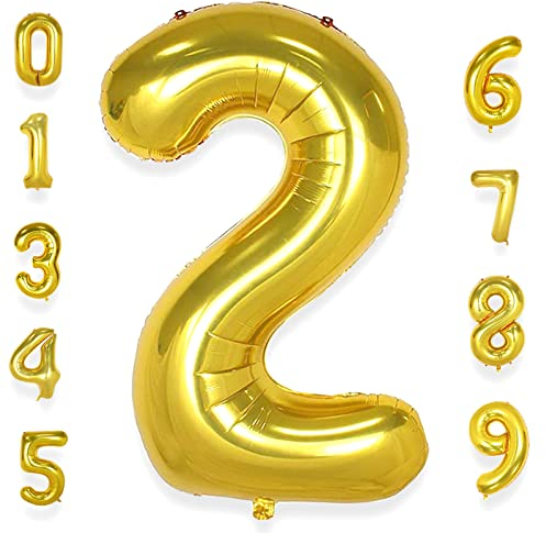 AULE Luftballon Zahl 2 Gold: XXL 101 cm Zahlen Folienballon Geburtstag Gold 2 Jahre 40 Zoll Helium Ballon Kinder Junge Mädchen Zahlenballon für Babyparty Jubiläum Deko