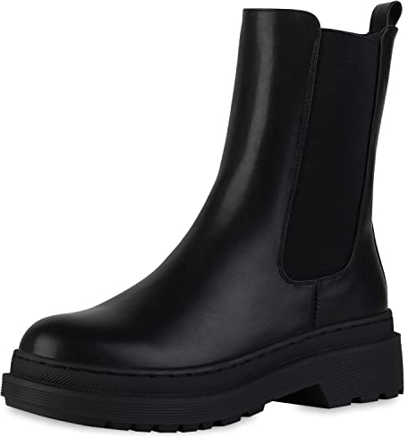 VAN HILL Damen Leicht Gefütterte Plateau Boots Stiefeletten Blockabsatz Schuhe Profilsohle Booties Freizeit Plateauschuhe 208146 Schwarz 36
