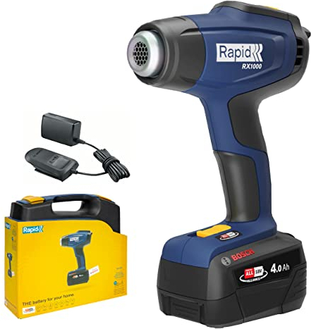 Rapid RX1000 Akku-Heißluftpistole Set mit 4,0Ah Bosch Power for All Akku, Ladegerät und Koffer – 18V Akku-Heißluftgebläse bis 550°C – kompatibel mit Bosch Home & Garden Geräten