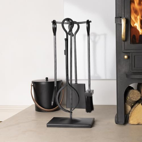 CHARLES BENTLEY Companion Set, Snug, Blackthorn, Fireside Companion Set, with Poker Tongs, Coal Shovel, Brush, Tool Stand, Iron, Matte, Traditional Design, Hooped Handles, Square Base (54.5x21x21cm)