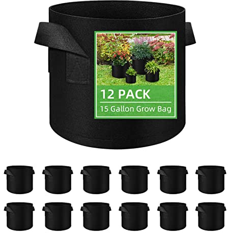 12 Pack Vegetable Grow Bags, Gardening Plant Growing Bags Breathable Non-woven Fabric Plant Pots with Handles Indoor & Outdoor Grow Containers for Vegetable/Flower/Plant/Fruits, 15 Gallon(Black)