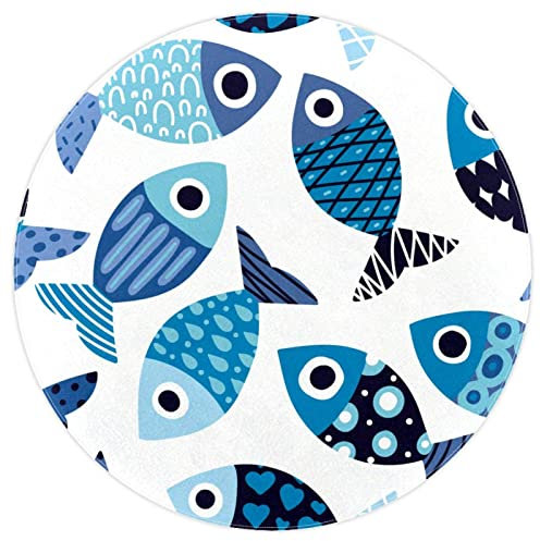 Teppich für Mädchen Schlafzimmer, runder Teppich, runder Teppich für Kinderzimmer, niedliche Raumdekoration,Cartoon Fisch blaues Meerestier