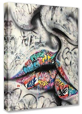 Banksy Street Art Graffiti Romantischer Kuss Bilder Lippen Gemälde Gekritzel Kunstwerk für Wohnzimmer Geschenk 1 Stück Leinwand Wandkunst Nordische Wohnkultur Gerahmt fertig zum Aufhängen Poster