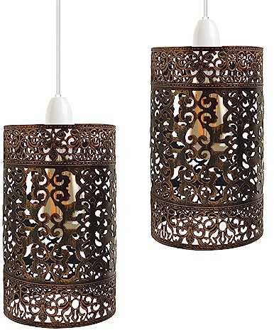 DC VOLTAGE 2 Pack of Industrial Metal Bulb Guard Drum Shaped Lampshades for Ceiling Pendant Lights, Indoor Easy Fit Wire Cages for Kitchen, Hallways (S5 - Brushed Copper)