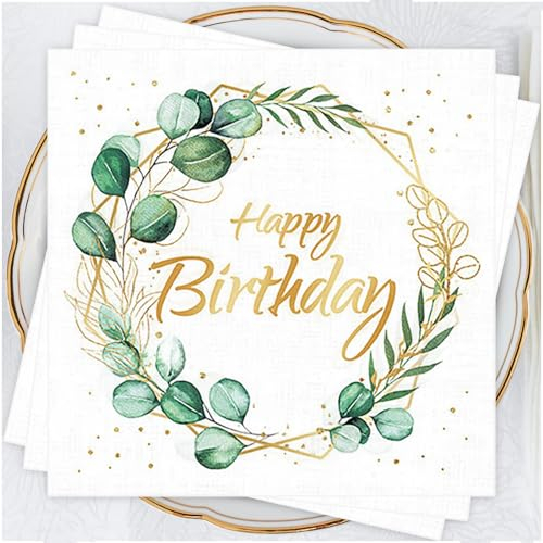 Bikasun 80 Stück Servietten Geburtstag, eukalyptus grün happy birthday servietten, für Party Kindergeburtstag Tischdekorationen, Taufe, grüne Papierserviette Papier Napkins, Vintage Papierservietten