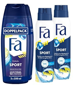 Fa Duschgel Sport 2er Pack (1x 2x250 ml) & Deospray (2x 150 ml) mit vitalisierenden Duft von grünem Zitrus, Deo ohne Aluminium für bis zu 48 h Deo-Schutz, ohne Aluminiumsalze
