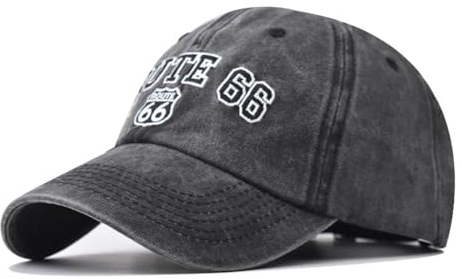 Baseballkappe aus gewaschener Baumwolle, Vintage-Stil, für Damen und Herren, klassische Route 66, bestickt, Sonnenschutz, Schwarz, M-L