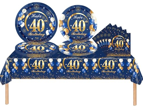53Pcs Navy Blue 40th Happy Birthday Party Tableware Decorations for Him Plastic Table Cloth,7,9inch Paper Plates,Napkins for Men Birthday Table Party Tableware Set for Men Adults Birthday Party