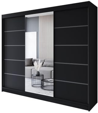 Easy4You R6 250 cm Schwarz Schiebetüren Kleiderschrank 250x215x58 cm mit Spiegel - Schlafzimmermöbel, Aufbewahrung - Mehrzweckschrank