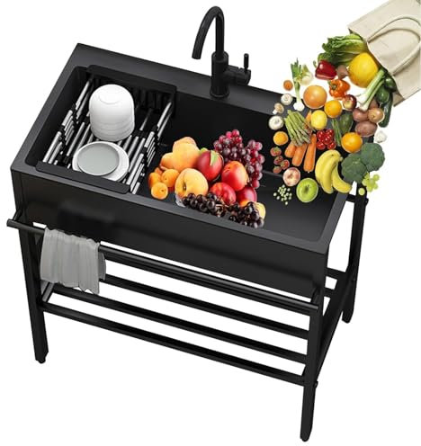 Spülbecken Edelstahl Schwarz,Ausgussbecken,Spüle Mit Unterschrank,Freistehende Spültisch Küche,Outdoor Spüle,Küchenspüle,Außenbereich Edelstahlspüle Handwaschbecken Mit Wasserhahn Für Waschküche (Siz