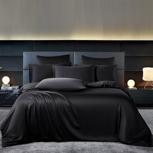 YASMENG Bambus Bettwäsche 200x200 Schwarz Uni Einfarbig 50% Bambus Lyocell Bettwäsche Kühlend Atmungsaktiv Luxus Seidig Seide Bettbezug Set 3 Teilig mit Reißverschluss und 2 Kissenbezüge 80x80 cm
