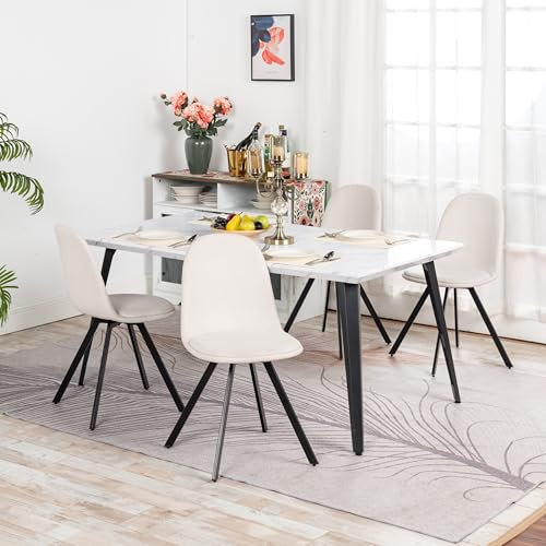 FurnitureR Mid-Century Küche Esszimmerstühle und Tisch 5-teiliges Set, 150CM rechteckiger Marmor weißer Effekt Top Esstisch mit 4 Schwenkbare Beige Küche Esszimmerstühle