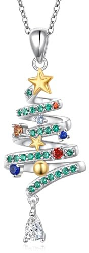 Flyow Weihnachtsbaum Halskette für Damen 925 Sterling Silber Grüne Weihnachtsbaum Anhänger Halskette – Winter Feiertags Weihnachten Kette Niedlicher Bunter Zirkonia Weihnachten Schmuck Geschenke