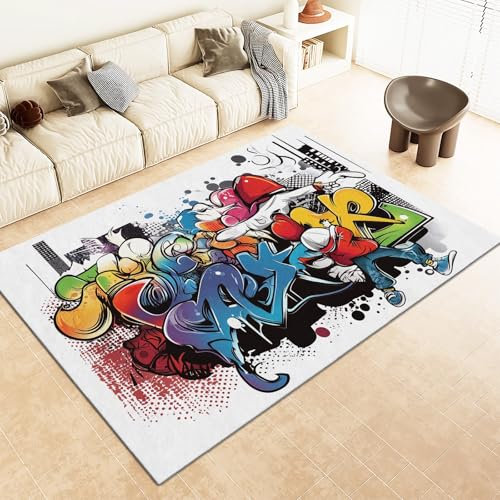Srigzcaly Teppich Kinderzimmer, Teppiche rutschfest Waschbar 160x230cm StraßEn-Graffiti-Design Teppiche Flanell Kurzflor Schmücken - Bunt Teppich für Schlafzimmer Wohnzimmer