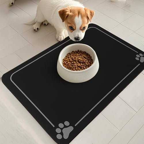OPLERT Tapis de Gamelle Antidérapant pour Chien et Chat, Absorbant, Séchage Rapide et Facile à Nettoyer (Noir, 30x50cm)