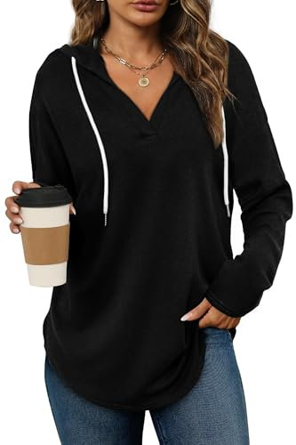 Cuptacc Hoodie Damen Sweatshirt V-Ausschnitt Pullover Damen Herbst Kapuzenpullover Langarmshirt Schwarz Mittel M 38-40