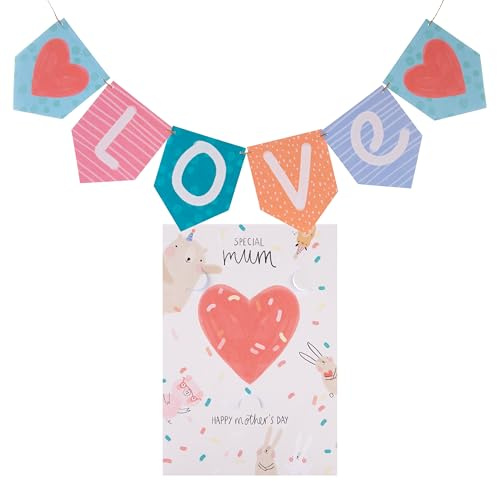 Hallmark Mothers Day Card for Mum, Detachable Bunting, Cute Animals | Hearts, Confetti, 1 Card 22.8cm X 15.9cm, White, Blue, Red, Multicoloured, Pink Envelope