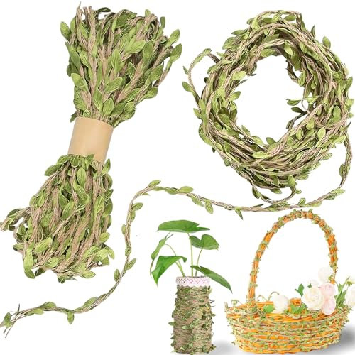 Nastro a Foglia di Juta,20 Metri Corda di Canapa con Foglie Verdi Foglia Artificiali Foglie Decorative Verde Artificiali per Copricapo Fai Da Te,Ghirlanda,Festa di Nozze (2 Rotoli)