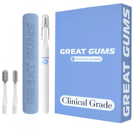 Great Gums Bioelektrische Zahnbürste in klinischer Qualität, inklusive Basis, Kopfersatz (klassisch, Zahnfleischpflege, Implantat und Ortho), transparente Kappe, Reiseetui, USB-C-Kabel, empfindliches