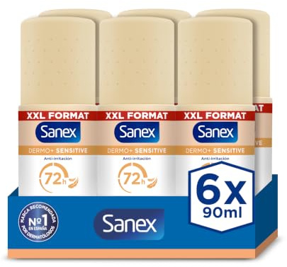 Sanex Dermo+ Sensitive Desodorante Antitranspirante Roll-On 72 Horas 90ml – protección eficaz contra el sudor y el mal olor –dermatológicamente testado – contiene 0% alcohol* – suave con piel sensible