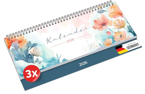 PRIMUS PRINT Tischkalender 2026 Quer Wochenkalender – 64 Seiten Terminkalender und Jahreskalender – 297x130mm – 75g Naturpapier, Drahtkammbindung, Feiertage und Schulferien - [3er Set - Blumen]