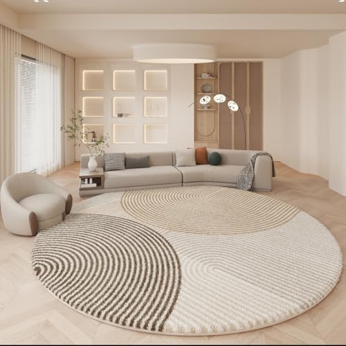 RBQIZVW In- & Outdoor Teppich Rund Hochflor Shaggy - 240x240 cm Flauschig Modern Wohnzimmer Schlafzimmer Deko Teppiche Waschbar Schlafzimmer Gelb Braun Cream geometrische Linienmuster Teppich