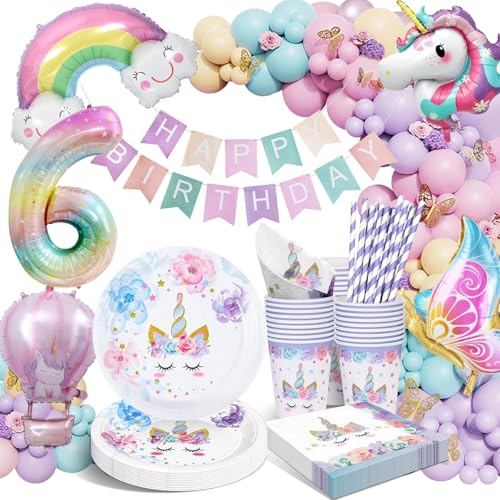 HLEIUKT Assiettes Anniversaire Licorne, 6 Ans Kit Deco Anniversaire Fille, Licorne Decoration Avec Ballon pour 6 Ans Fille Enfants 16 Invités