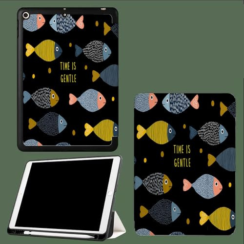 Hülle für iPad Pro 11 Zoll 4./ 3./ 2. Generation 2022/2021/2020, Hülle für iPad Pro 11 mit Stifthalter, Weiche Silikonhülle, Auto Schlafen/Wachen Cartoon-Fisch Time is Gentl Buchstabendruck-Schwarz